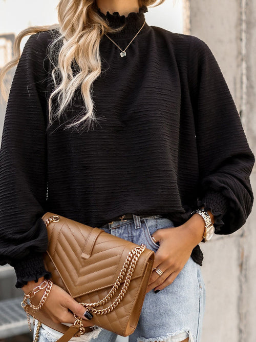 Smocked Frill Mock Neck Long Sleeve Blouse