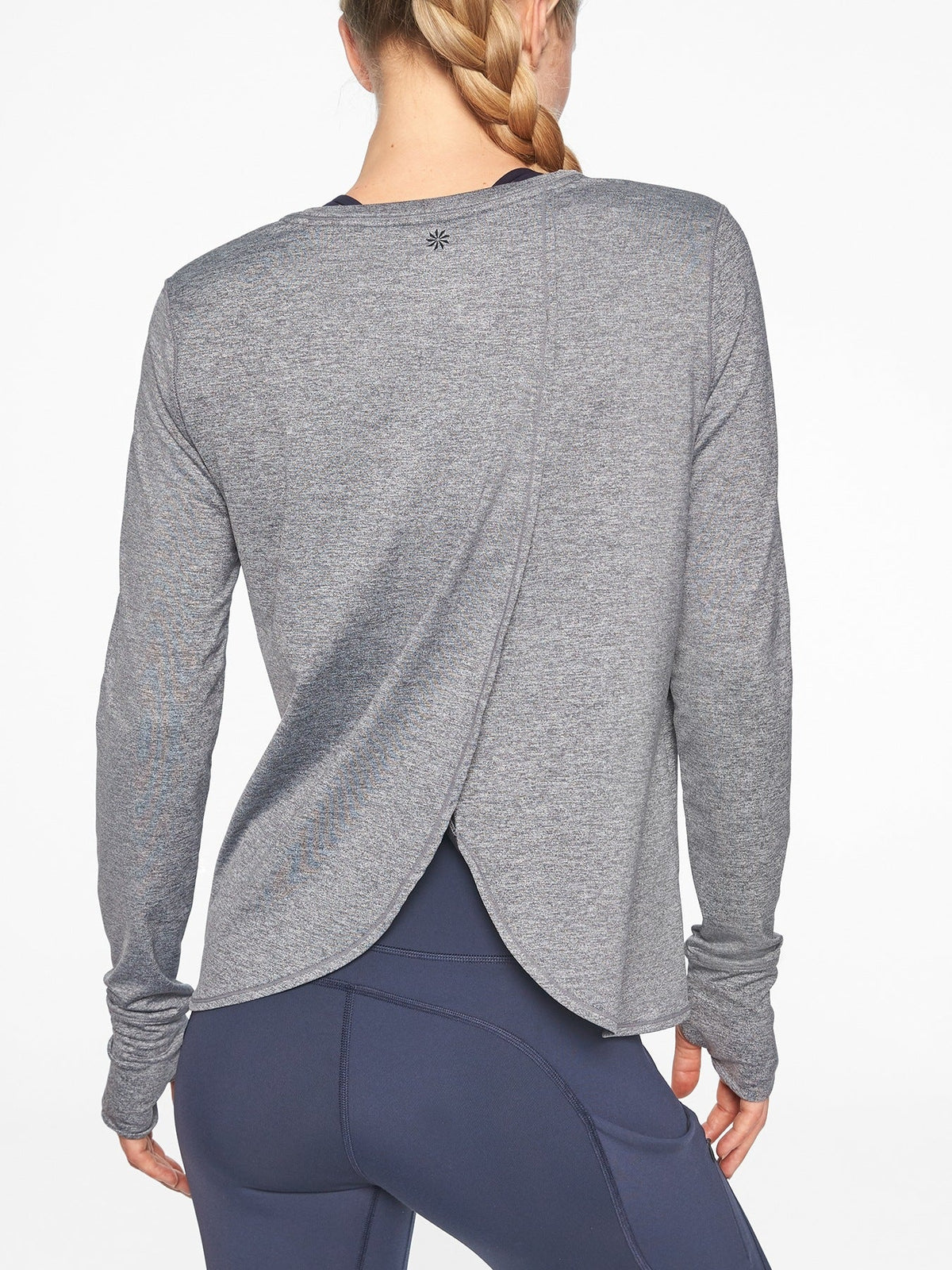 Athleta Gray Long Sleeve Workout Top with Open Overlay Back Thumb Holes, Size L
