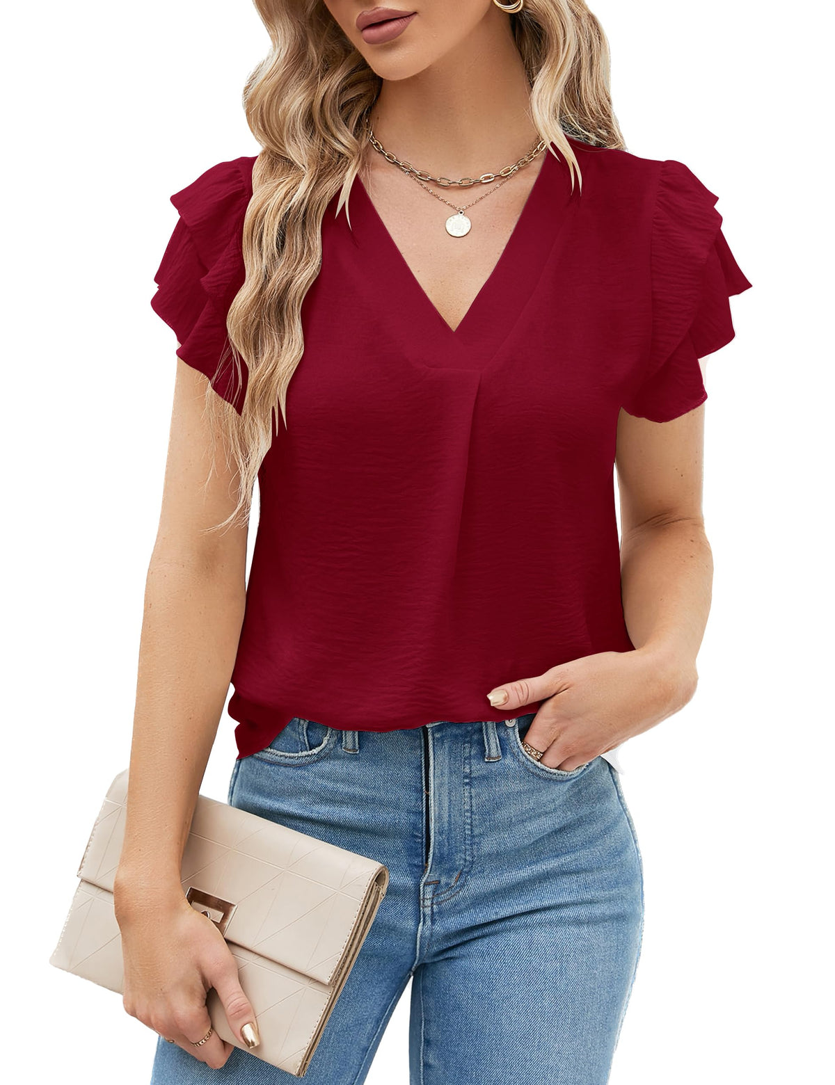 Polyester Blouses - Women's V-Neck Blouse Short Sleeve Business Casual Work Shirt Summer Top