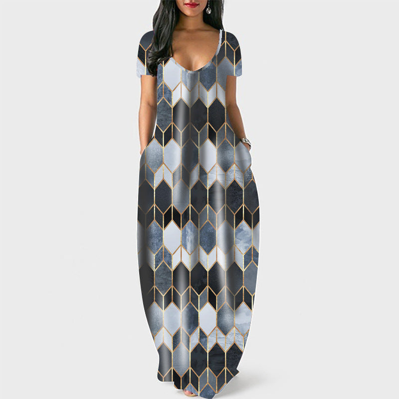 Women round Neck Pocket Short Sleeve Printed Dress