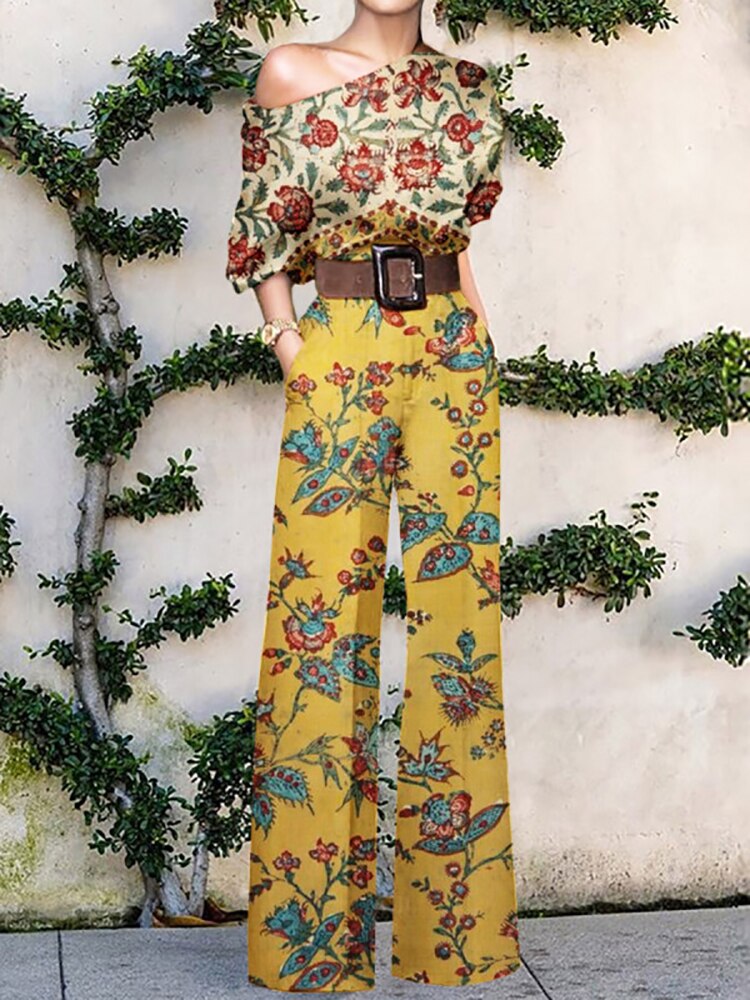 Pattern Print Jumpsuit Off Shoulder Romper Women  Wide Leg Pant Playsuit