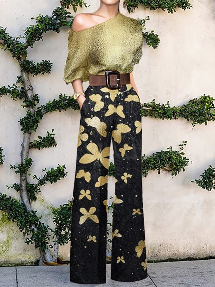 Pattern Print Jumpsuit Off Shoulder Romper Women  Wide Leg Pant Playsuit