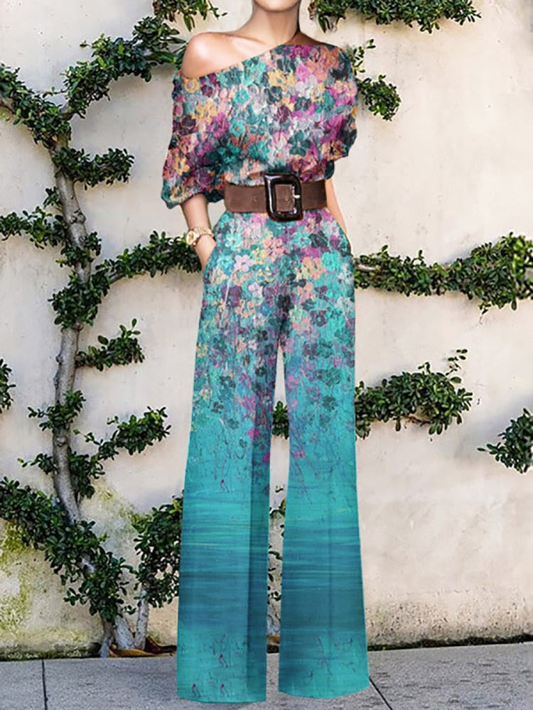 Pattern Print Jumpsuit Off Shoulder Romper Women  Wide Leg Pant Playsuit
