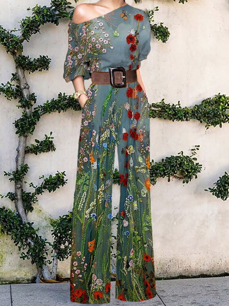 Pattern Print Jumpsuit Off Shoulder Romper Women  Wide Leg Pant Playsuit