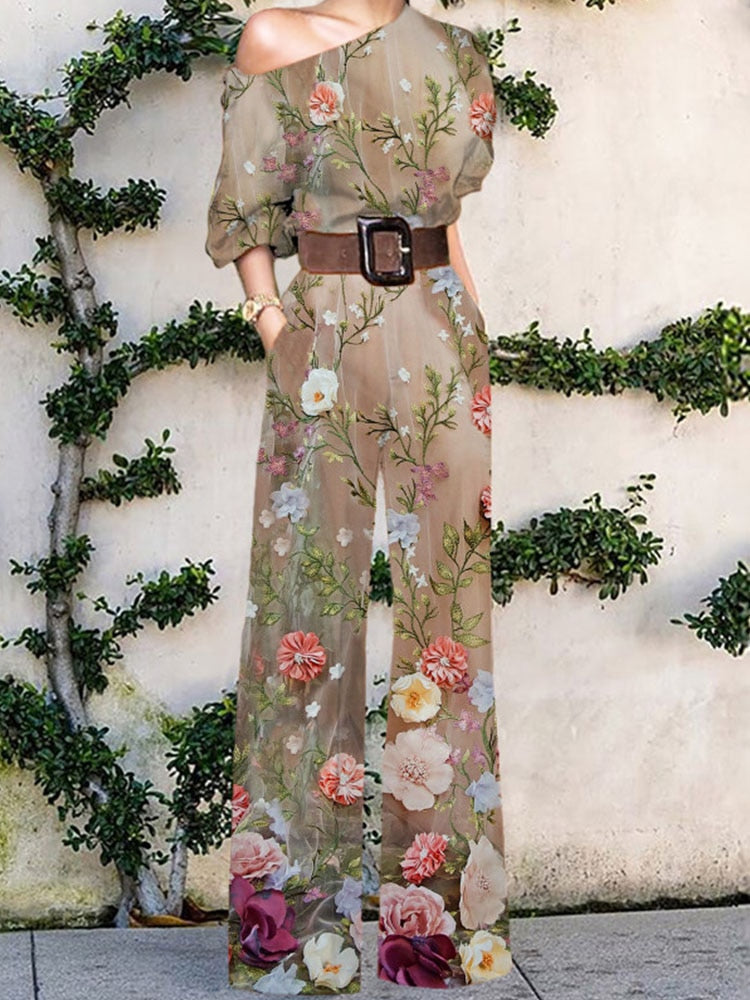 Pattern Print Jumpsuit Off Shoulder Romper Women  Wide Leg Pant Playsuit