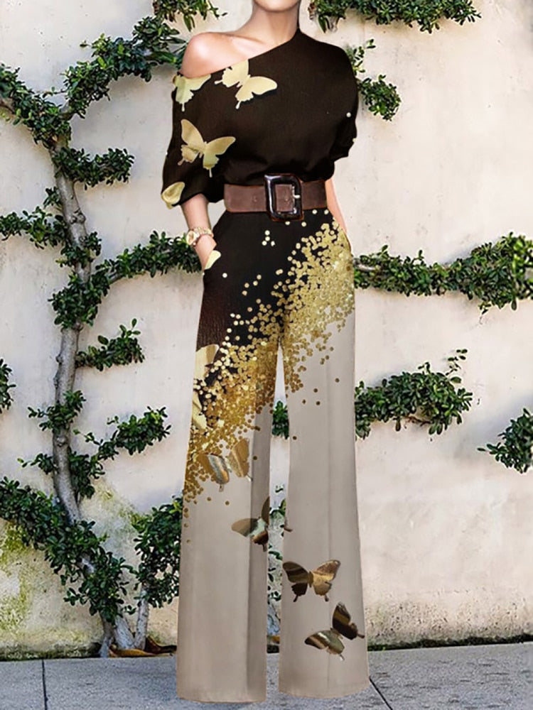 Pattern Print Jumpsuit Off Shoulder Romper Women  Wide Leg Pant Playsuit