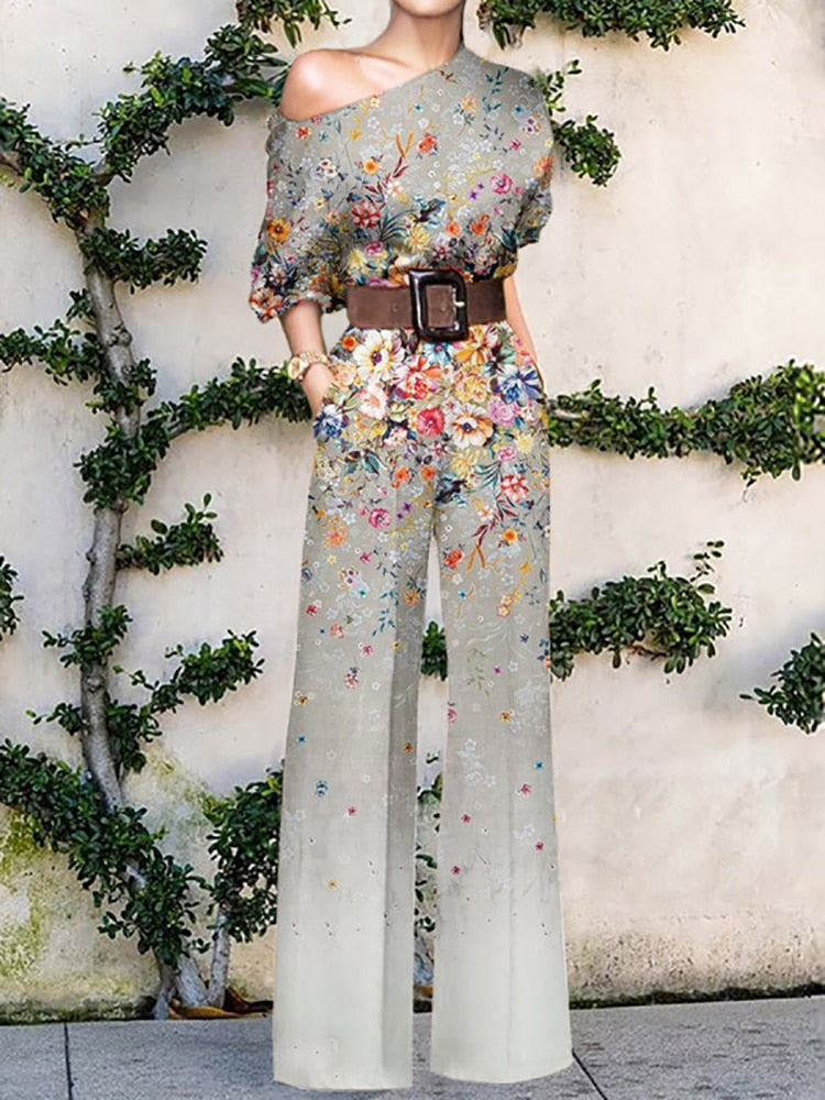 Pattern Print Jumpsuit Off Shoulder Romper Women  Wide Leg Pant Playsuit