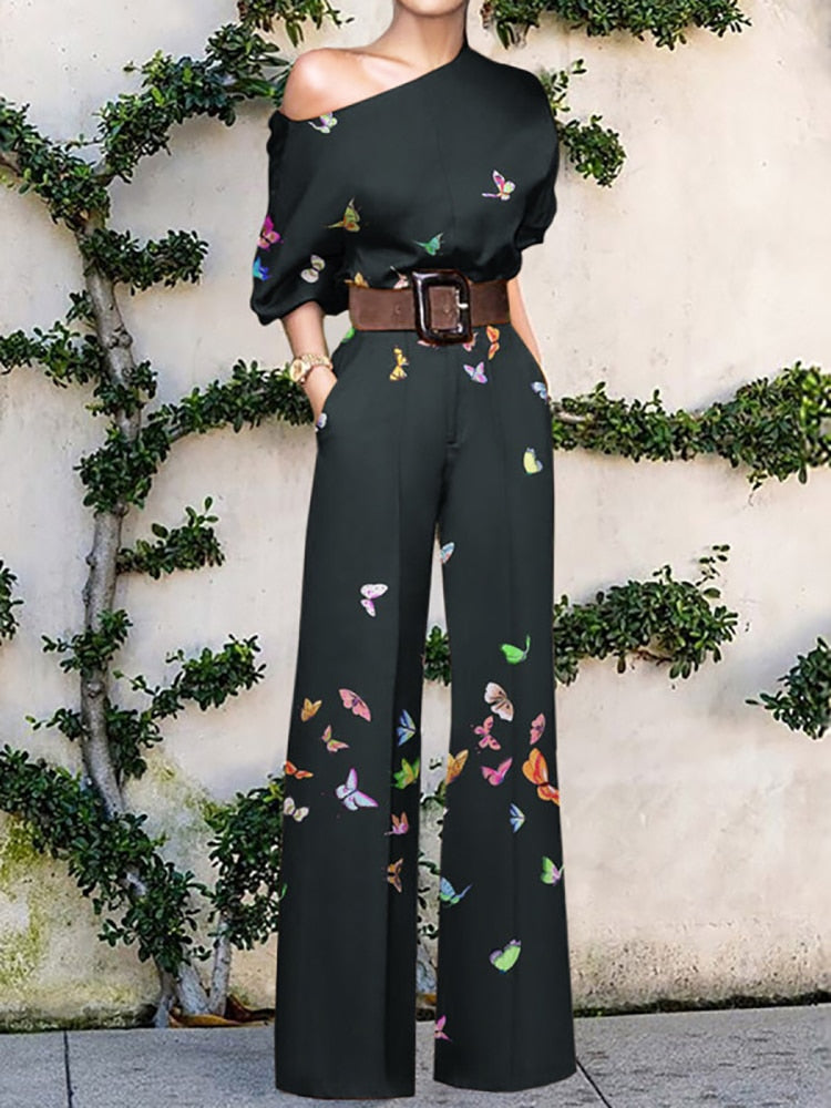 Pattern Print Jumpsuit Off Shoulder Romper Women  Wide Leg Pant Playsuit