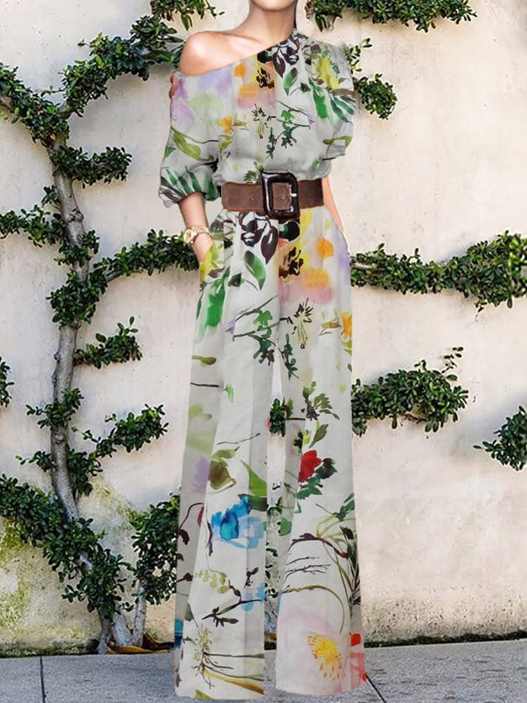 Pattern Print Jumpsuit Off Shoulder Romper Women  Wide Leg Pant Playsuit