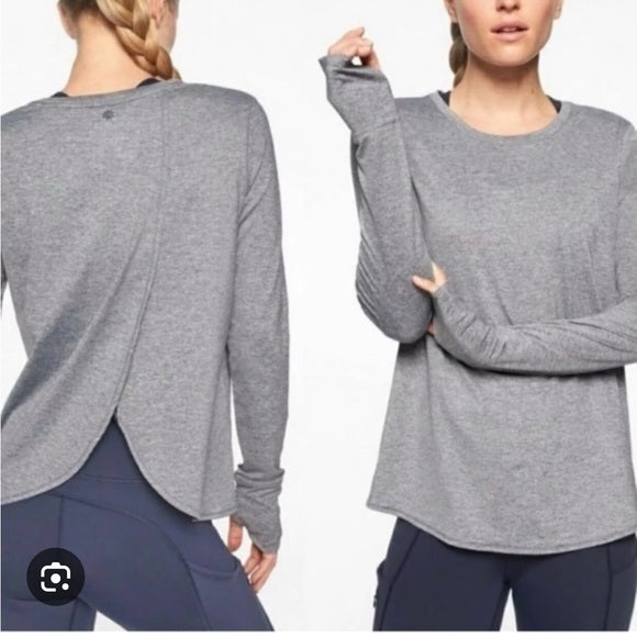 Athleta Gray Long Sleeve Workout Top with Open Overlay Back Thumb Holes, Size L