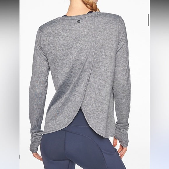 Athleta Gray Long Sleeve Workout Top with Open Overlay Back Thumb Holes, Size L
