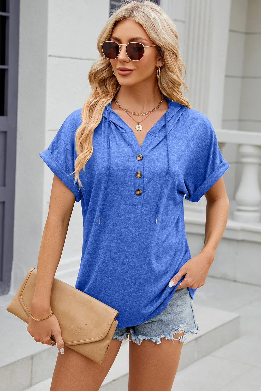 Solid color hooded button loose short sleeved T-shirt top for women