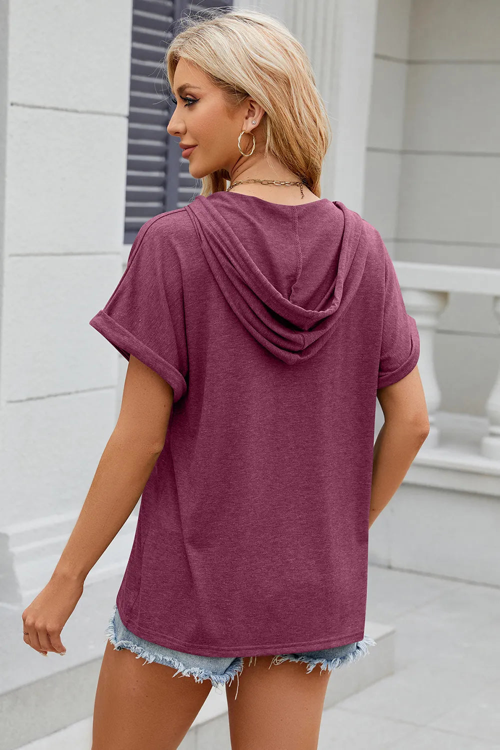 Solid color hooded button loose short sleeved T-shirt top for women